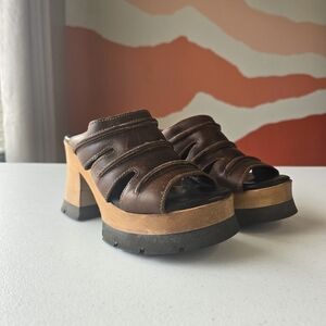 London Underground Platform Sandals Wood Leather Slip On‎ Retro Chunky 90s Bratz